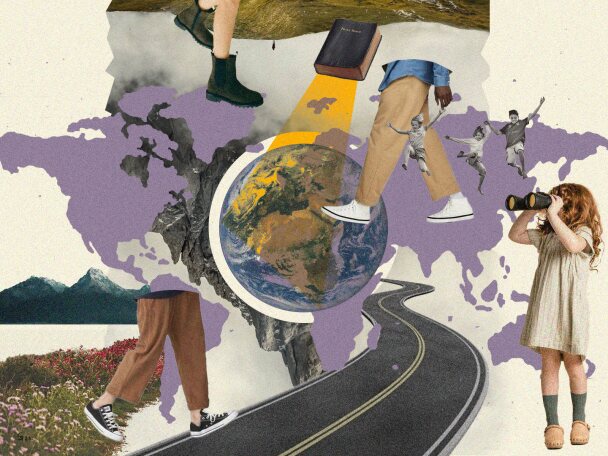 Collage: Straße, Mädchen mit Fernglas, Erdkugel, BIbel. Weltkarte, Berge, Wiese